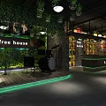 Stylish Industrial Bar Counter With Lush Green Plant Decor And Cozy Live Music Area