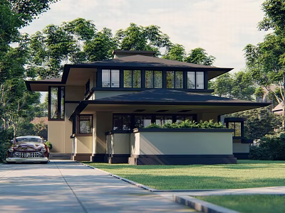 Modern Detached House Exterior With Large Windows Vintage Car Lawn And Surrounding Trees 3d model