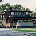 Modern Detached House Exterior With Large Windows Vintage Car Lawn And Surrounding Trees