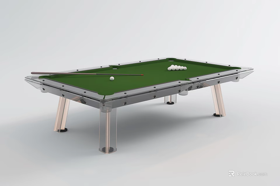 Professional Billiard Table With Green Felt Surface Silver Frame Cue Sticks And Balls 3d model 