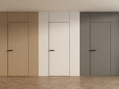 Modern Interior With Stylish Wooden White And Gray Hinged Doors On Herringbone Floor 3d model