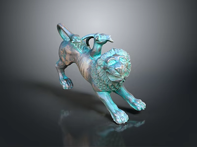 Artistic Greenish Bronze Lion Sculpture With Dynamic Stance And Shiny Metallic Surface 3d model