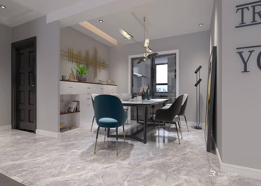 Modern Restaurant Interior Design With Gray Walls Marble Floor Blue Chairs Green Plant And Pendant Lights 3d model 
