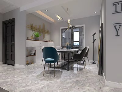 Modern Restaurant Interior Design With Gray Walls Marble Floor Blue Chairs Green Plant And Pendant Lights 3d model