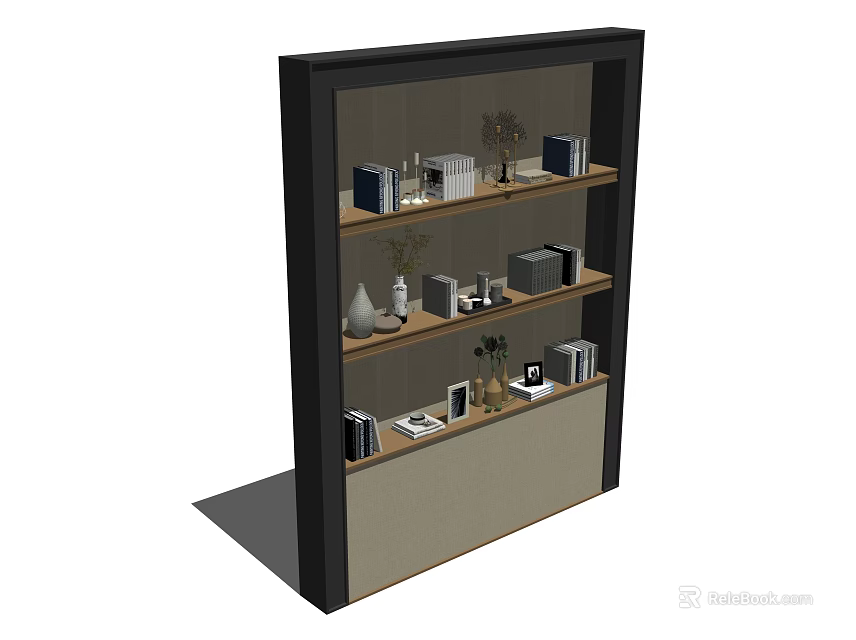 Modern Black Frame Bookcase With Multiple Shelves Holding Books And Decorative Ornaments 3d model 