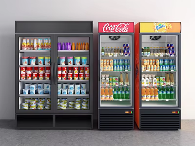 Commercial Display Refrigerators In Black Red Yellow With Beverages And Brand Logos 3d model