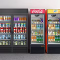 Commercial Display Refrigerators In Black Red Yellow With Beverages And Brand Logos