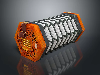 Vintage Hexagonal Accordion Musical Instrument Featuring Orange Black Carved Patterns And Sound Holes 3d model