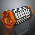 Vintage Hexagonal Accordion Musical Instrument Featuring Orange Black Carved Patterns And Sound Holes