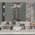 Modern Sofa Coffee Table Set With Beige Upholstery Marble Table Green Walls And Geometric Lighting
