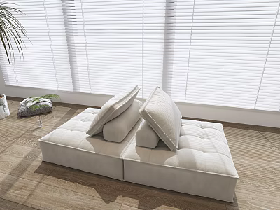 Beige Tufted Two Seater Sofa With Cushions On Wooden Floor Near Blinds 3d model