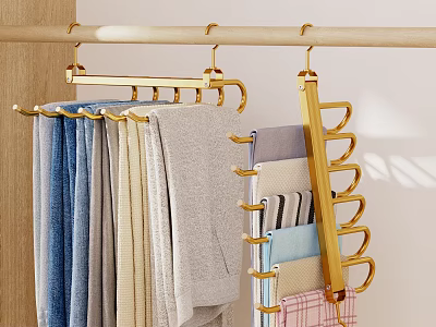 Gold Multi Hook Hanger Hanging Colorful Towels And Fabrics On Light Wall With Wooden Details 3d model