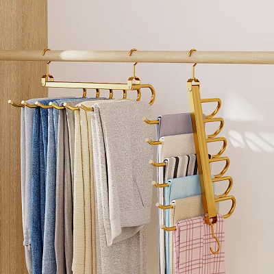 Gold Multi Hook Hanger Hanging Colorful Towels And Fabrics On Light Wall With Wooden Details 3d model