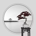 Bonsai Tree With Curved Trunk In Stone Pot On Wooden Stand With Round Frame