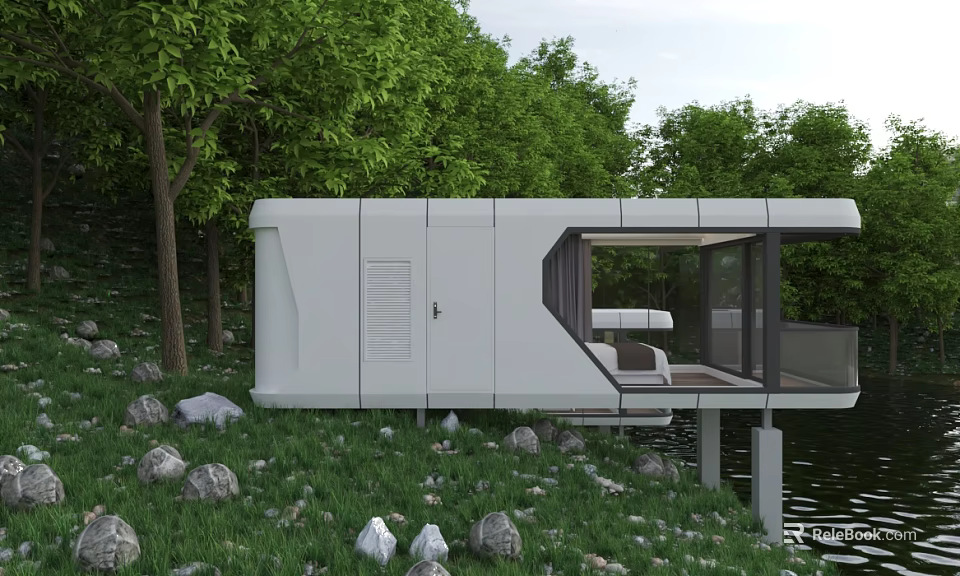 Modern White Lakeside Guesthouse Building Featuring Large Windows Terrace Surrounded By Trees And Stones 3d model 