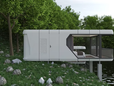 Modern White Lakeside Guesthouse Building Featuring Large Windows Terrace Surrounded By Trees And Stones 3d model