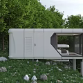 Modern White Lakeside Guesthouse Building Featuring Large Windows Terrace Surrounded By Trees And Stones