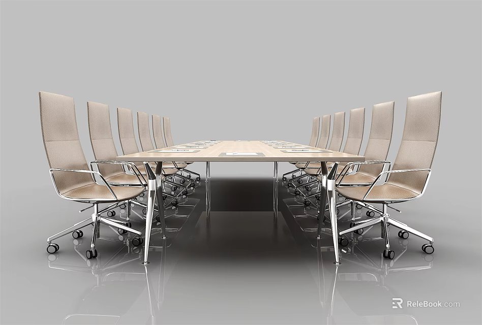 Modern Conference Table With Rolling Chairs Metal Frame And White Tabletop 3d model