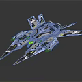 Sci Fi Blue Spaceship With Multiple Wings And Complex Structure In Space