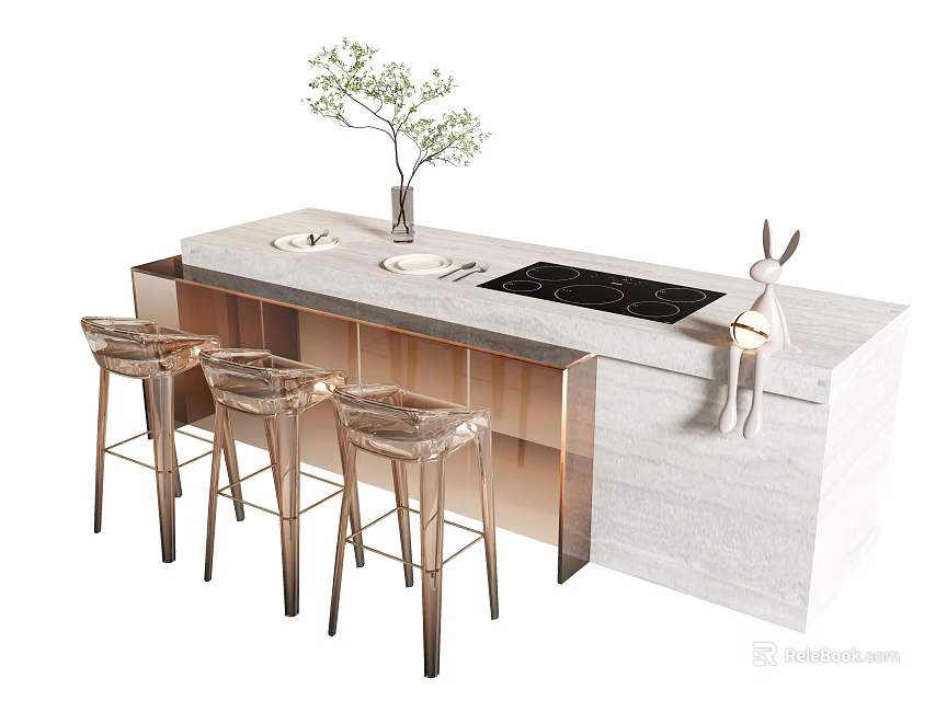 Modern Minimalist Bar Counter Design With Marble Top Vase Green Plant Rabbit Decoration And Transparent Stools 3d model 