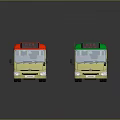Two Yellow Buses with Red and Green Roofs Parked on Reflective Ground
