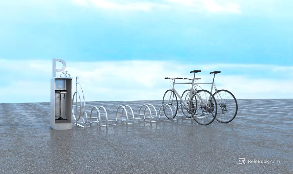 Outdoor Public Bicycle Parking at City Station with Silver Kiosk Metal Racks and Parked Bikes 3d model 