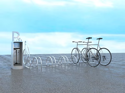 Outdoor Public Bicycle Parking at City Station with Silver Kiosk Metal Racks and Parked Bikes 3d model