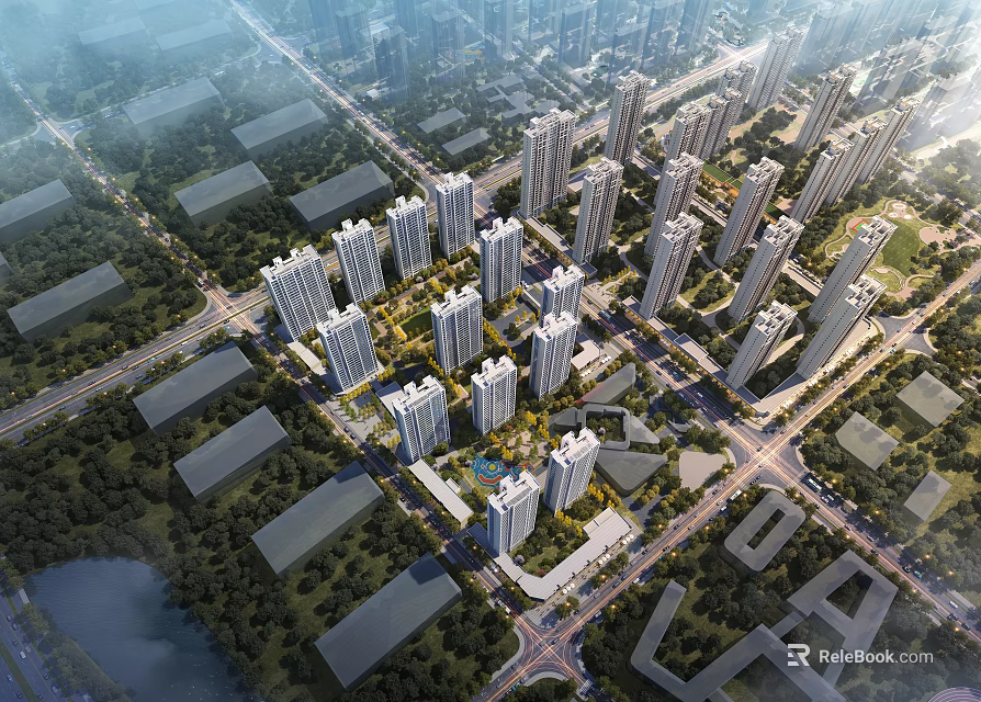 Aerial View Planning of Modern Urban High Rise Buildings with Roads and Green Spaces 3d model 