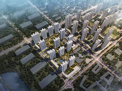 Aerial View Planning of Modern Urban High Rise Buildings with Roads and Green Spaces 3d model