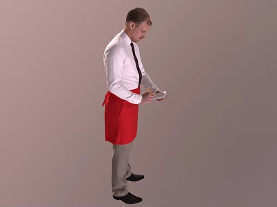 Man in White Shirt Black Tie and Red Apron Holding Device Against Gray Background 3d model