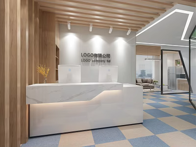 Modern Reception Area Interior With Wooden Ceiling Marble Countertop And Logo Wall Design 3d model
