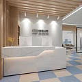 Modern Reception Area Interior With Wooden Ceiling Marble Countertop And Logo Wall Design