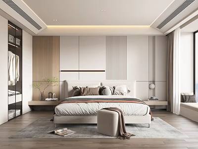 Modern Bedroom Interior Design With Wooden Panel Headboard Bed Pillows And Soft Rug 3d model