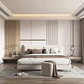 Modern Bedroom Interior Design With Wooden Panel Headboard Bed Pillows And Soft Rug