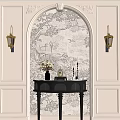 Elegant Entryway Console Table With Arched Patterned Wallpaper And Golden Wall Sconces 3d model