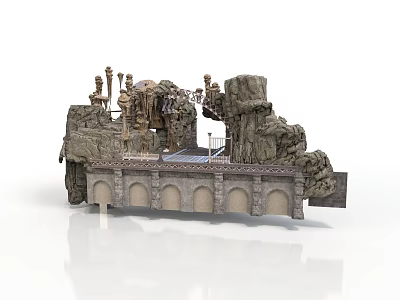 Medieval Fortress Scene Structure With Rocky Cliffs Arched Openings Stone Columns And Railing Platform 3d model