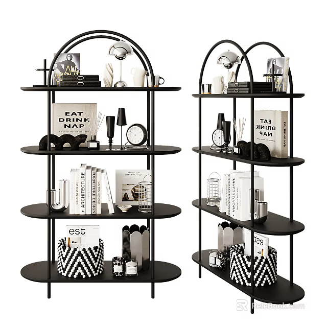 Black Multi Tiered Storage Shelving Unit With Books Decorative Items And Storage Baskets 3d model 