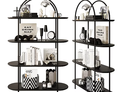 Black Multi Tiered Storage Shelving Unit With Books Decorative Items And Storage Baskets 3d model