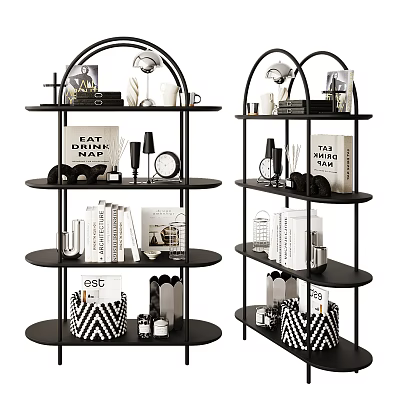 Black Multi Tiered Storage Shelving Unit With Books Decorative Items And Storage Baskets 3d model