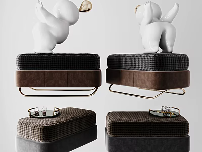 Stylish Plaid Ottoman With Brown Black Fabric Gold Metal Legs And Decorative Tray 3d model
