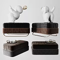 Stylish Plaid Ottoman With Brown Black Fabric Gold Metal Legs And Decorative Tray