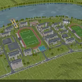Aerial Campus Planning View With Buildings Football Field Swimming Pool And Waterfront Greenery