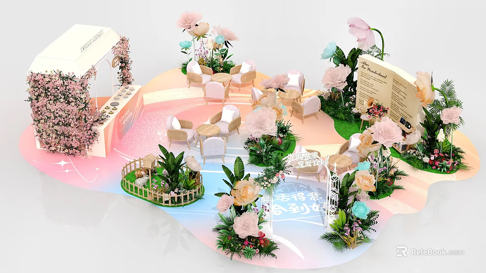 Elegant Floral Installation With Pink White Flowers Green Plants And Cozy Seating Area 3d model 