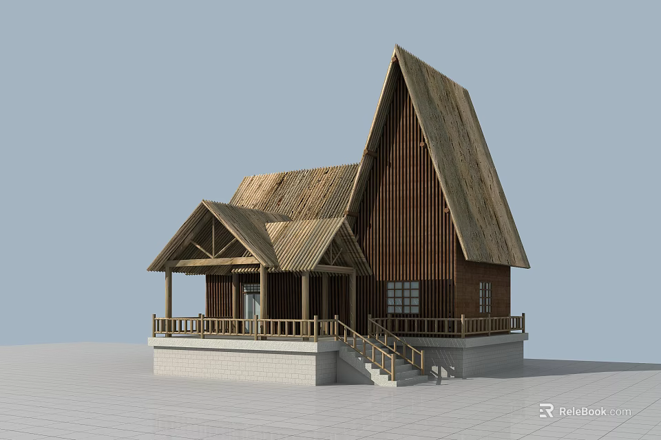 Traditional Wooden House With Steep Sloped Roof Porch Steps Windows And Stone Base 3d model 