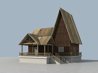 Traditional Wooden House With Steep Sloped Roof Porch Steps Windows And Stone Base 3d model