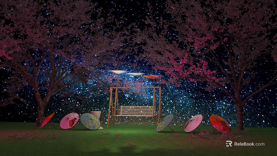 Starry Night Cherry Blossom Photo Spot With Swing And Colorful Umbrellas 3d model 