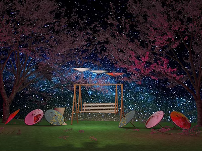 Starry Night Cherry Blossom Photo Spot With Swing And Colorful Umbrellas 3d model