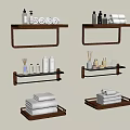 Bathroom Interior With Wall Mounted Wooden Shelves Holding Towels And Toiletries