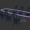 Long Wooden Conference Table With Black Mesh Back Wheeled Chairs In Gray Office