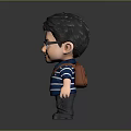 3D Cartoon Boy Character With Glasses Blue Striped Shirt And Brown Sling Bag